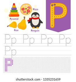 Handwriting practice sheet. Basic writing. Educational game for children. Learning the letters of the English alphabet. Letter P.