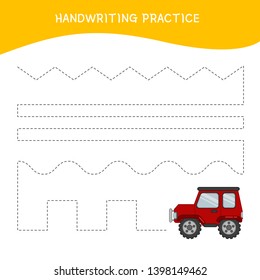 Handwriting practice sheet. Basic writing. Educational game for children.  Cartoon red car.