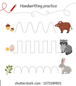 Handwriting practice sheet. Basic writing. Educational game for children. Cartoon forest animals.
