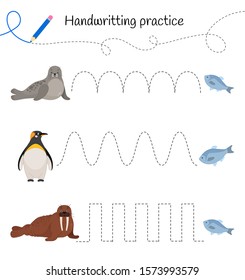 Handwriting practice sheet. Basic writing. Educational game for children.  Cute arctic animals.