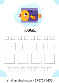 Handwriting practice sheet. Basic writing. Educational game for children.  Geometric forms. Square.