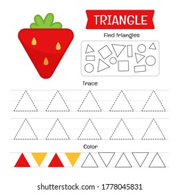 Handwriting practice sheet. Basic writing. Educational game for children. Geometric forms. Triangle.
