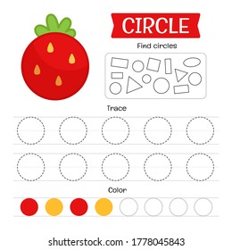 Handwriting practice sheet. Basic writing. Educational game for children. Geometric forms. Circle.
