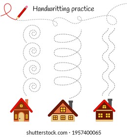 Handwriting practice sheet. Basic writing. Educational game for children. Draw smoke from the chimney of houses.
