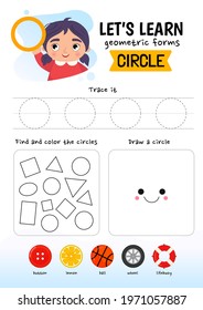 Handwriting Practice Sheet. Basic Writing. Educational Game For Children. Learning Basic Geometric Shapes. Circle.
