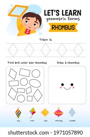 Handwriting practice sheet. Basic writing. Educational game for children. Learning basic geometric shapes. Rhombus.
