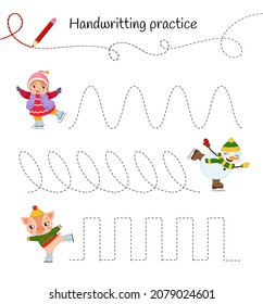 Handwriting practice sheet. Basic writing. Educational game for children. Illustration of a girl, a snowman and a pig are skating.
