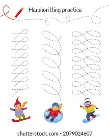 Handwriting practice sheet. Basic writing. Educational game for children. Illustration of kids riding a snowboard.
