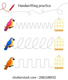 Handwriting practice sheet. Basic writing. Educational game for children. Help the parrots get to the cages.