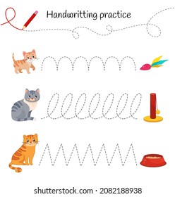 Handwriting practice sheet. Basic writing. Educational game for children. Cute cartoon cats.