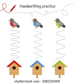 Handwriting Practice Sheet. Basic Writing. Educational Game For Children. Help The Birds Get To The House.