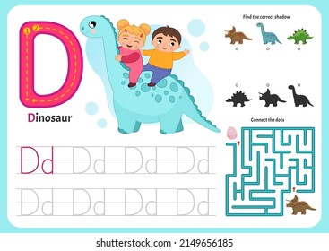 Hoja de prácticas de escritura a mano. Escritura básica. Juego educativo para niños. Hoja de trabajo para el aprendizaje del alfabeto. Letra D. Ilustración de un lindo chico y chica montando un dinosaurio.

