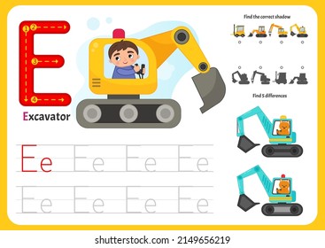 Handwriting practice sheet. Basic writing. Educational game for children. Worksheet for learning alphabet. Letter E. Illustration of cute boy rides an excavator.

