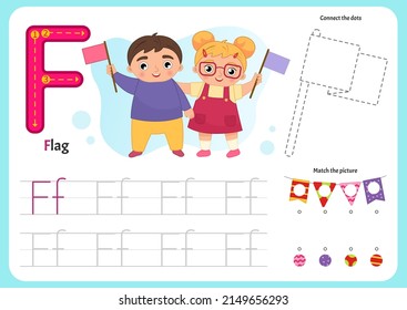 Handwriting practice sheet. Basic writing. Educational game for children. Worksheet for learning alphabet. Letter F. Illustration of cute boy and girl holding colorful flags.
