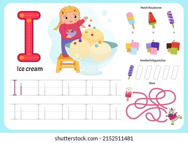 Handwriting practice sheet. Basic writing. Educational game for children. Worksheet for learning alphabet. Letter I. Illustration of 
cute little girl sprinkles ice cream.
