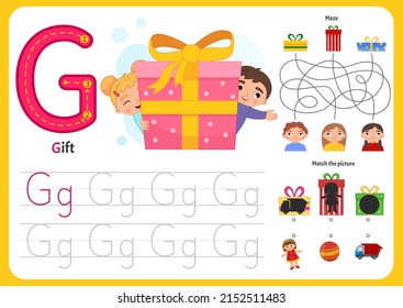 Handwriting practice sheet. Basic writing. Educational game for children. Worksheet for learning alphabet. Letter G. Illustration of cute boy and girl hiding behind a big gift

