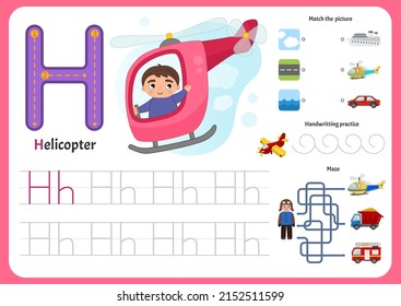 Handwriting practice sheet. Basic writing. Educational game for children. Worksheet for learning alphabet. Letter H. Illustration of cute boy is flying in a helicopter.
