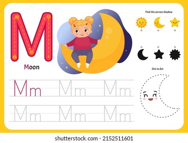 Handwriting practice sheet. Basic writing. Educational game for children. Worksheet for learning alphabet. Letter M. Illustration of cute girl sitting on the moon.

