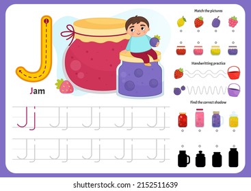 Handwriting practice sheet. Basic writing. Educational game for children. Worksheet for learning alphabet. Letter J. Illustration of a cute boy is sitting on a big jar of jam..
