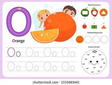 Handwriting practice sheet. Basic writing. Educational game for children. Worksheet for learning alphabet. Letter O. Illustration of cute girl and a boy are sitting behind a big orange.
