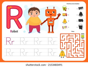 Handwriting practice sheet. Basic writing. Educational game for children. Worksheet for learning alphabet. Letter R. Illustration of cute boy is holding the robot's hand.
