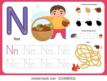 Handwriting practice sheet. Basic writing. Educational game for children. Worksheet for learning alphabet. Letter N. Illustration of cute boy is holding a basket of nuts.

