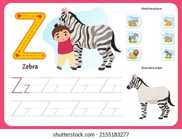 Handwriting practice sheet. Basic writing. Educational game for children. Worksheet for learning alphabet. Letter Z. Illustration of a cute boy hugging zebra.


