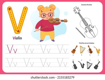 Handwriting practice sheet. Basic writing. Educational game for children. Worksheet for learning alphabet. Letter V. Illustration of a cute girl playing the violin.

