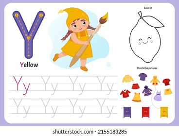 Handwriting practice sheet. Basic writing. Educational game for children. Worksheet for learning alphabet. Letter Y. Illustration of a cute girl in yellow clothes holds a brush in her hands.
