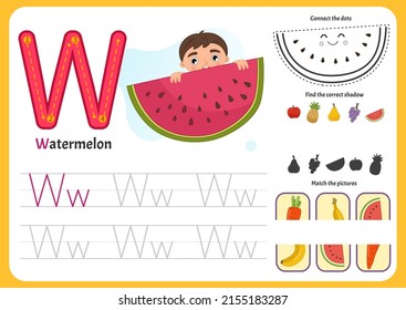 Handwriting practice sheet. Basic writing. Educational game for children. Worksheet for learning alphabet. Letter W. Illustration of a cute boy hid behind a large piece of watermelon.
