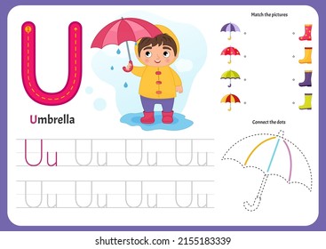 Handschriftenpraxisblatt. Grundlegende Schrift. Erziehungsspiel für Kinder. Arbeitsblatt zum Alphabet lernen. Buchstabe U. Illustration eines süßen Jungen steht unter einem Regenschirm in Gummistiefeln.

