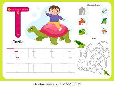 Handwriting practice sheet. Basic writing. Educational game for children. Worksheet for learning alphabet. Letter T. Illustration of cute boy riding a big turtle.

