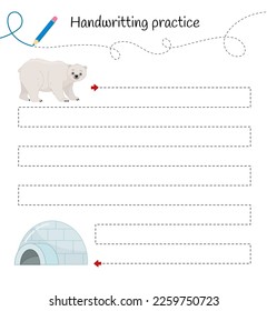 Hoja de prácticas de escritura a mano. Escritura básica. Juego educativo para niños. Ayudó al oso polar a alcanzar el iglú.