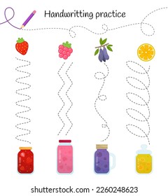 Handwriting practice sheet. Basic writing. Educational game for children. Combine berries and jam.
