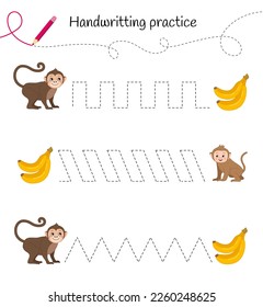 Handwriting practice sheet. Basic writing. Educational game for children. Help the monkeys get the bananas.
