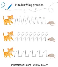 Handwriting practice sheet. Basic writing. Educational game for children. Help the cats to catch the mice.
