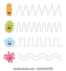 Handwriting practice sheet. Basic writing. Educational game for children. Illustration of cute funny monsters.