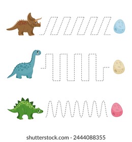 Handwriting practice sheet. Basic writing. Educational game for children. Vector illustration of cartoon dinosaurs.