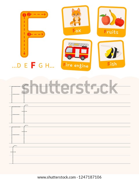 Handwriting practice sheet. Basic writing.
Educational game for children. Learning the letters of the English
alphabet. Cards with objects. Letter
F
