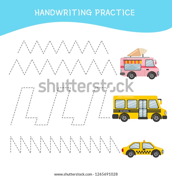 Handwriting practice sheet. Basic\
writing. Educational game for children. Cartoon\
transport.