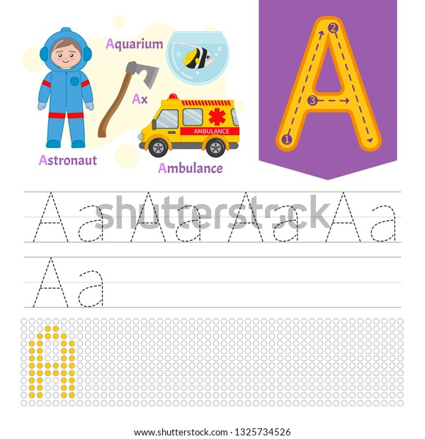 Handwriting practice sheet. Basic writing. Educational
game for children. Learning the letters of the English alphabet.
Letter A.