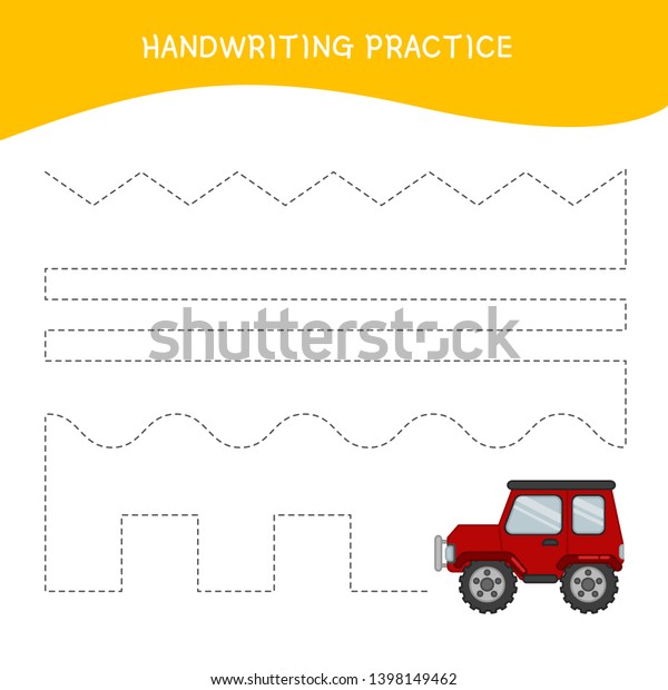 Handwriting practice sheet. Basic\
writing. Educational game for children.  Cartoon red\
car.