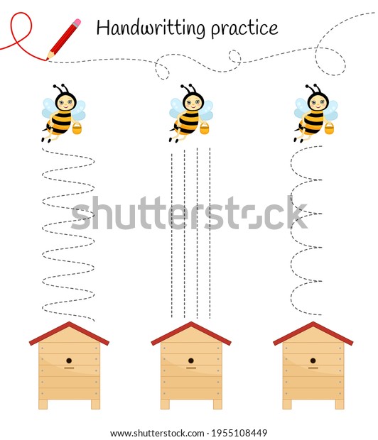 Handwriting practice\
sheet. Basic writing. Educational game for children. Help the bees\
to get to their\
homes.\
