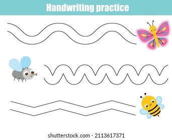 Handwriting practice sheet with cartoon insects. Educational children game. Tracing lines. Basic writing skills for kids