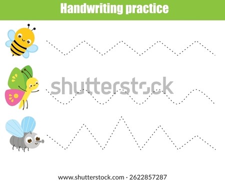 Handwriting practice sheet with cartoon insects. Educational children game. Tracing lines. Basic writing worksheet for kids