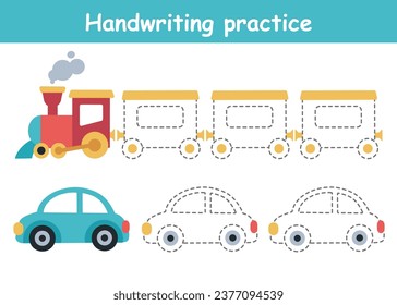 Handwriting practice sheet for children. Learning activities educational game with train, wagons, locomotive, car, transport. Tracing lines for kids. 