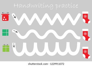 Handwriting practice sheet, christmas theme, gift boxes and xmas boots, kids preschool activity, educational children game, printable worksheet, writing training, vector