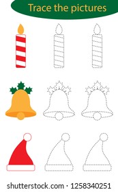 Handwriting practice sheet, christmas, trace the pictures - candle, bell, santa hat, kids preschool activity, educational children game, printable worksheet, writing training, vector illustration