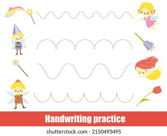 Handwriting practice sheet with cute flying fairy. Educational children game. Tracing lines. Basic writing worksheet for kids