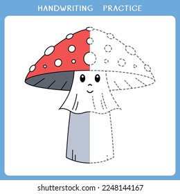 Handwriting practice sheet with cute mushroom for coloring book. Simple educational game for kids